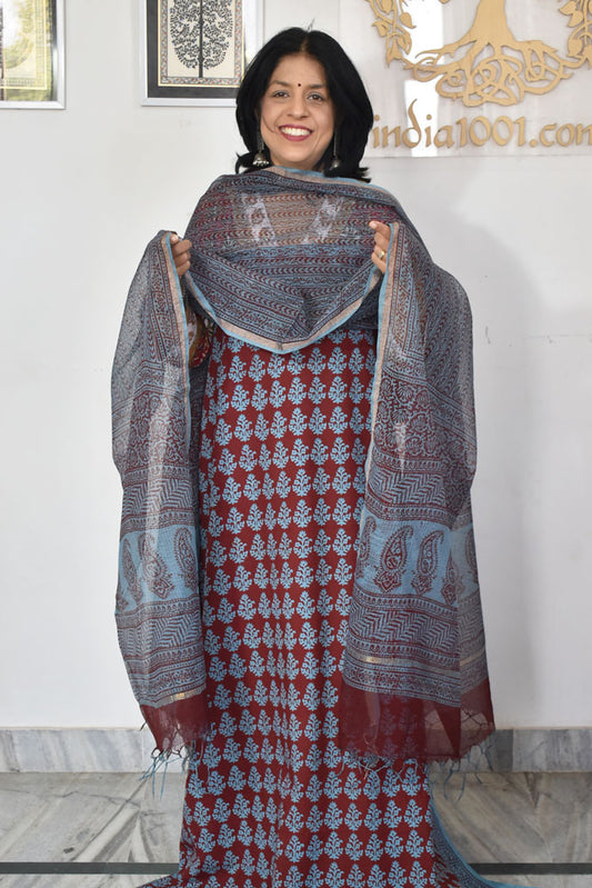 Classic Bagh Block Printed unstitched suit fabric with Kota Doria dupatta