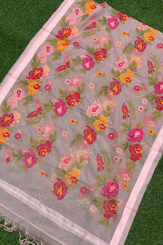 Elegant Pink Organza dupatta with All over Cross Stitch Embroidery
