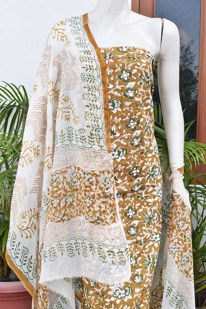 Hand Block Printed Cotton unstitched suit fabric with Chiffon dupatta