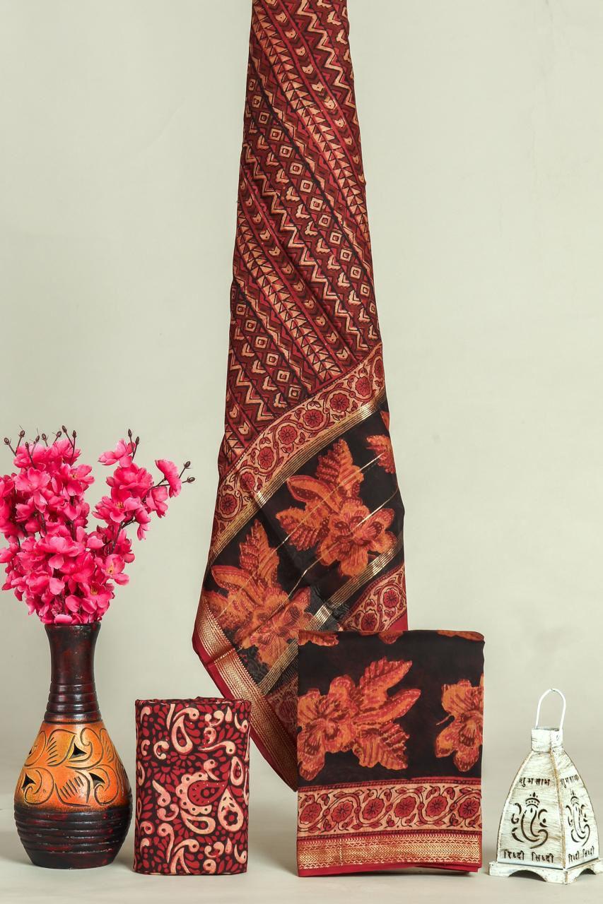 Beautiful Hand Block Printed Vanaspati Ajrakh Maheshwari Silk Cotton Unstitched suit fabric - 3 pc set