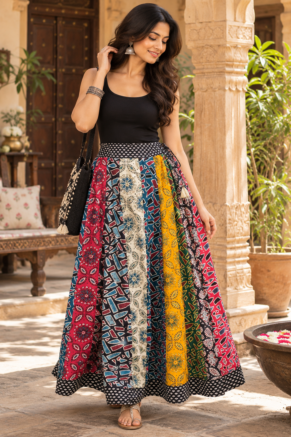 Beautiful Ajrakh Hand Block Printed Patch Work Cotton Long Skirt with Stitched borders NO - 8
