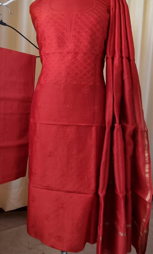 Elegant Chanderi silk Cotton Kurta & Dupatta with Chikankari Embroidery work & cotton bottom - 3 pc set