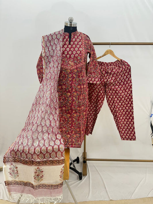 Hand Block Printed Cotton suit with Hand Embroidery - Kurta , Kota Dupatta & Pant - size  36,38, 40, 42, 44, 46, 48