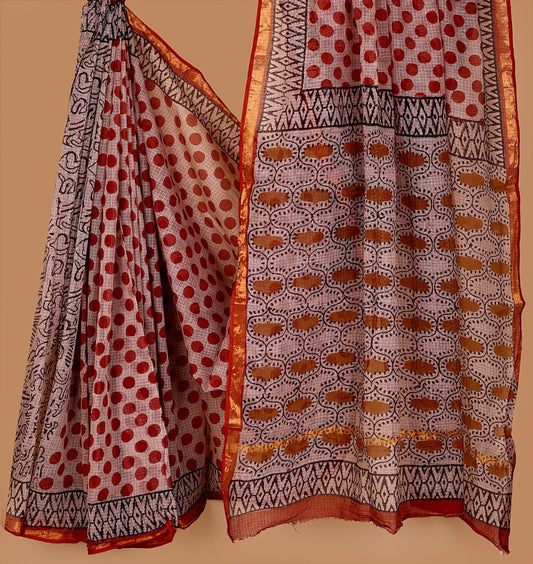 Beautiful Hand Block Printed Kota cotton Saree with zari border