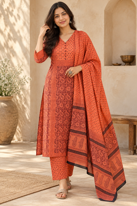 Bagh Hand Block Printed stitched 3 pc Cotton suit - 46 size