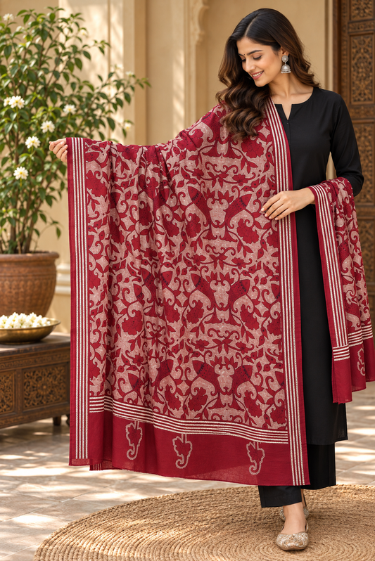 Hand embroidered Cotton Dupatta with Bengal Kantha work