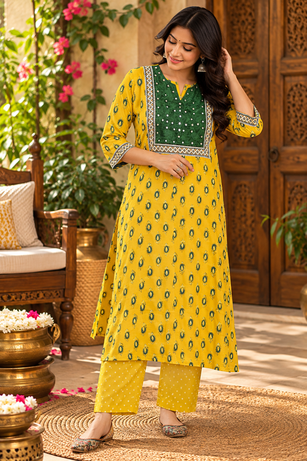 Designer Ajrakh Modal Silk Kurta & Pant With Mirror Work - Size 40 to 46 ( all sizes)