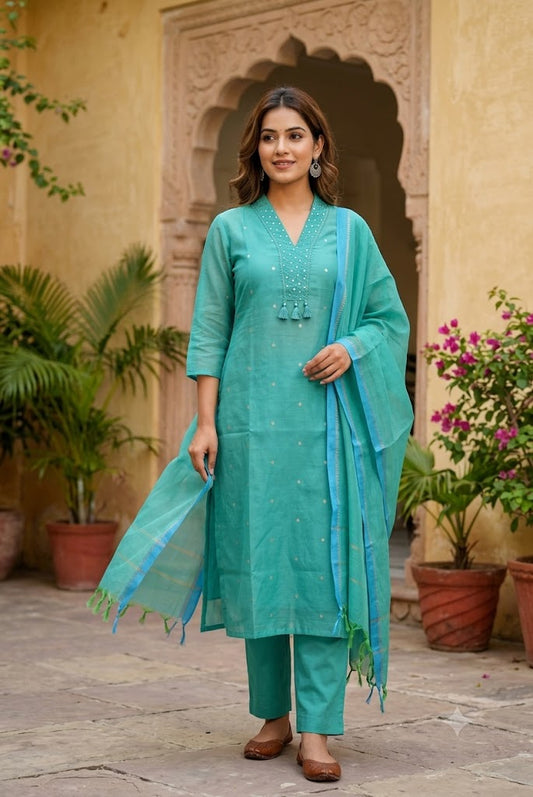 Designer Hand Block Printed Cotton 3 pc Suit  - 40 to 46 size