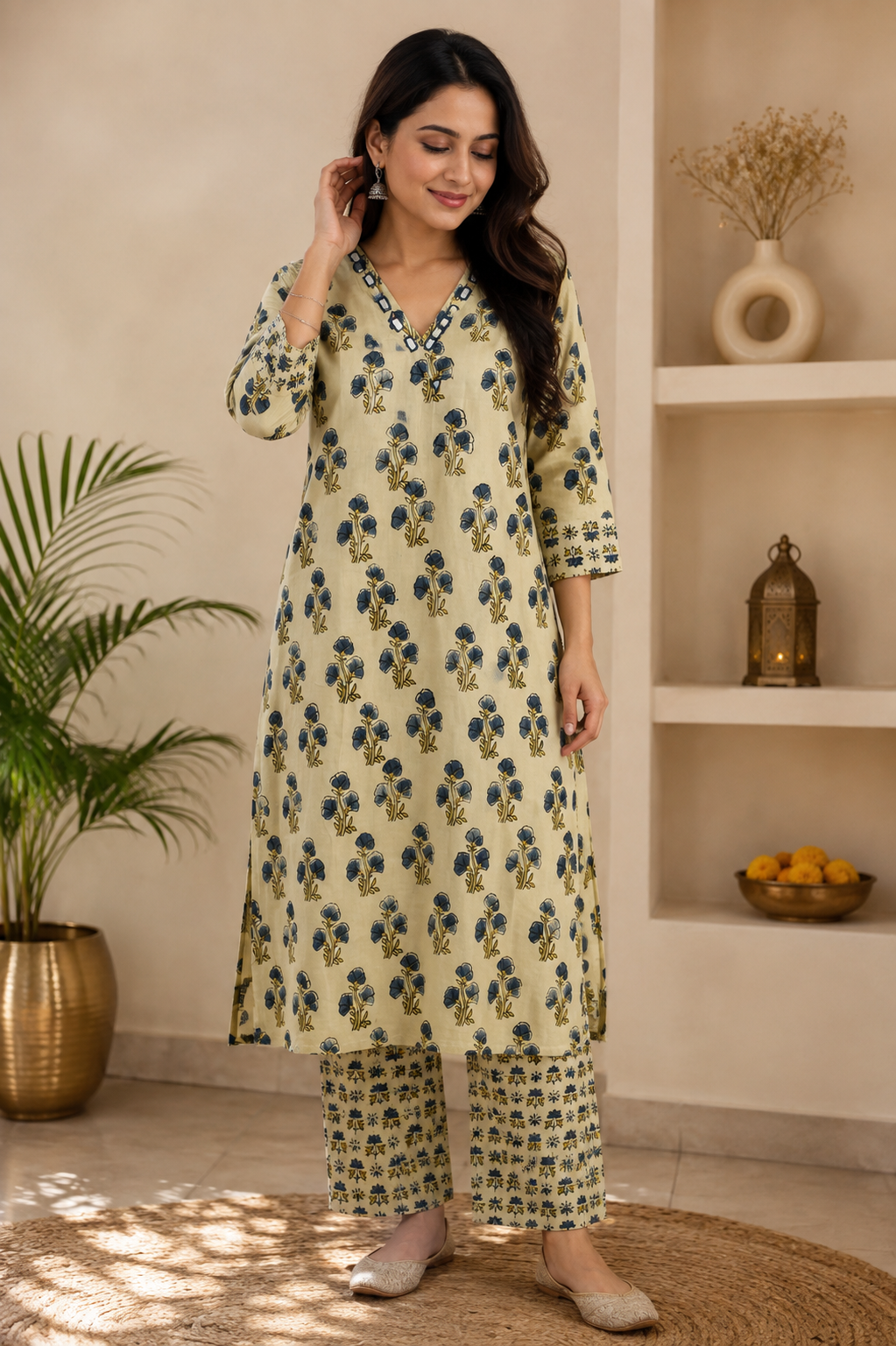 Designer Ajrakh cotton Kurta & Pant With Mirror Work - Size 40 to 44 ( all sizes)