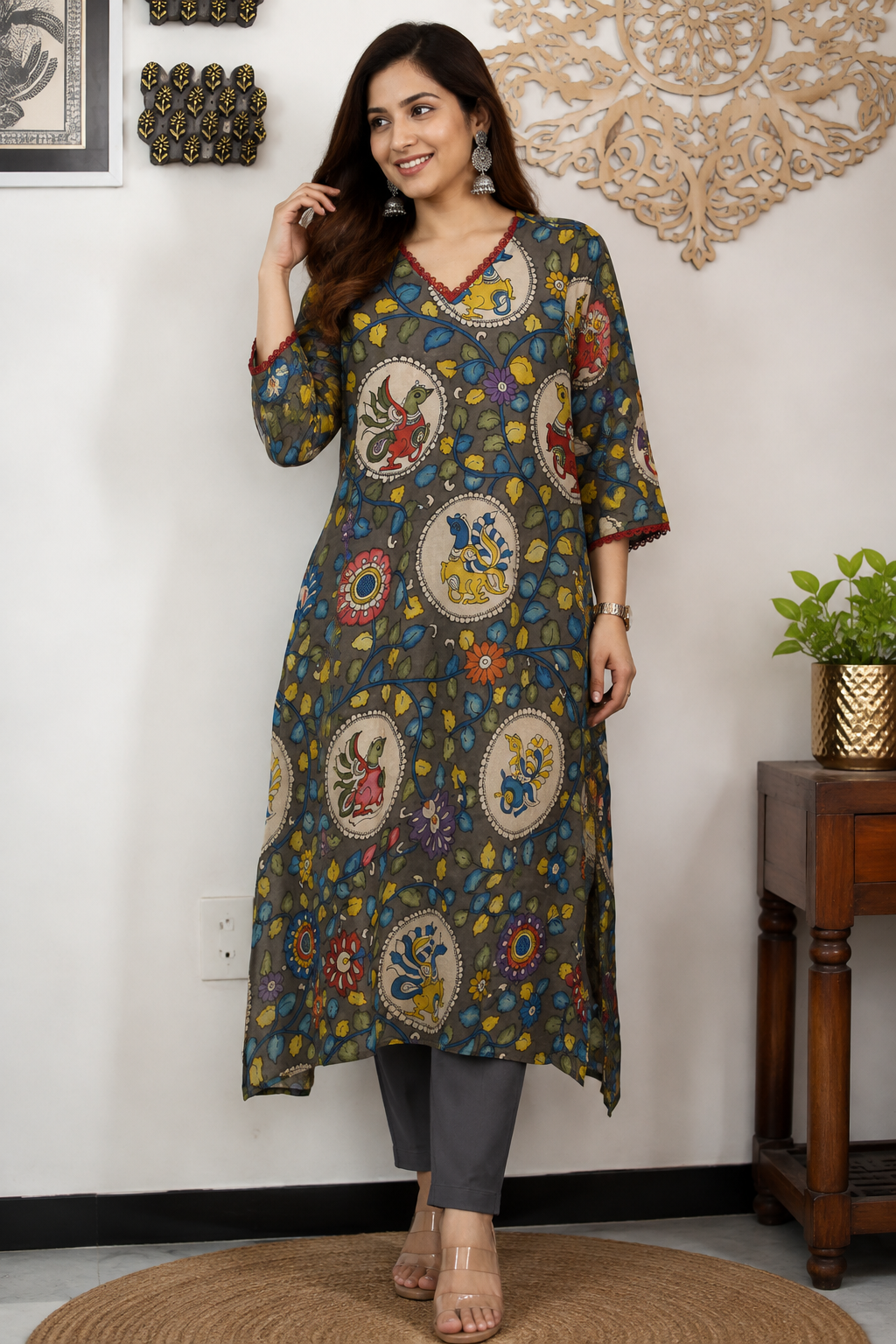 Designer Hand Printed Kalamkari Bangalore silk Kurta