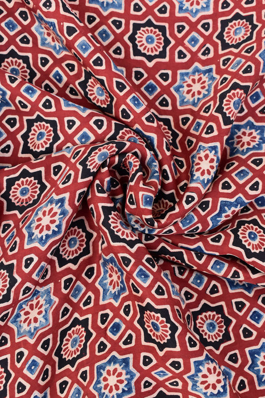 Beautiful Modal Silk Ajrakh Hand Block Print Fabric - 2.5 mtrs cut