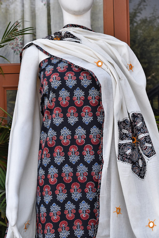 Beautiful Ajrakh kurta fabric with Hand Applique Patch work dupatta