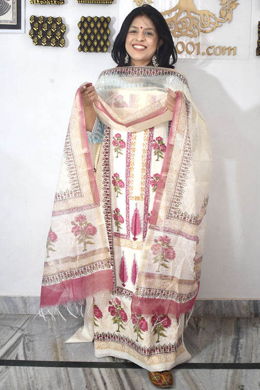 Designer Hand Block Print Cotton suit with Chanderi dupatta
