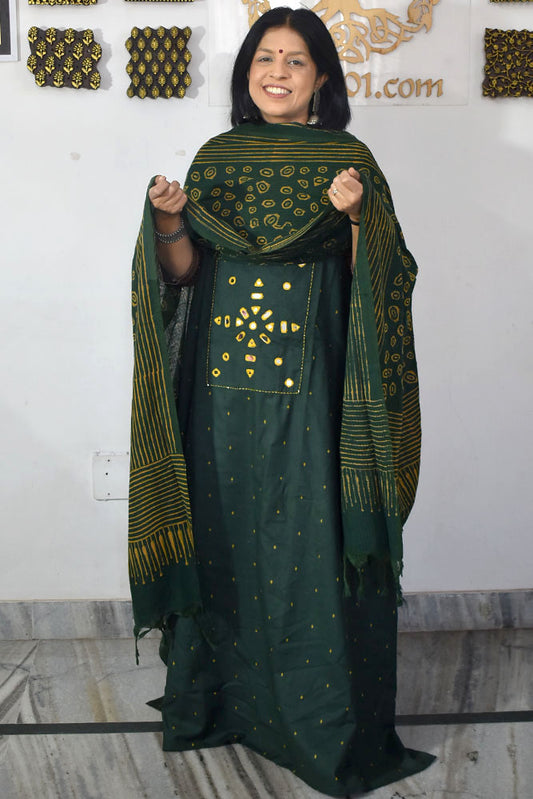 Elegant Hand Block print cotton suit with Mirror Work & Cotton dupatta
