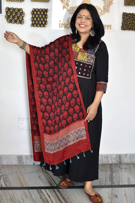 Beautiful Hand Block Printed Ajrakh Modal Silk stole with Tassels