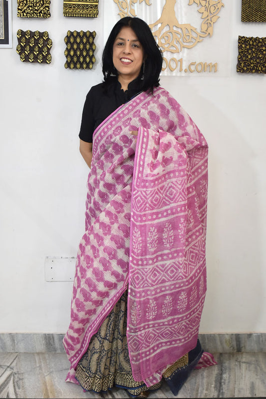 Beautiful Hand Block Printed Kota cotton Saree with zari border