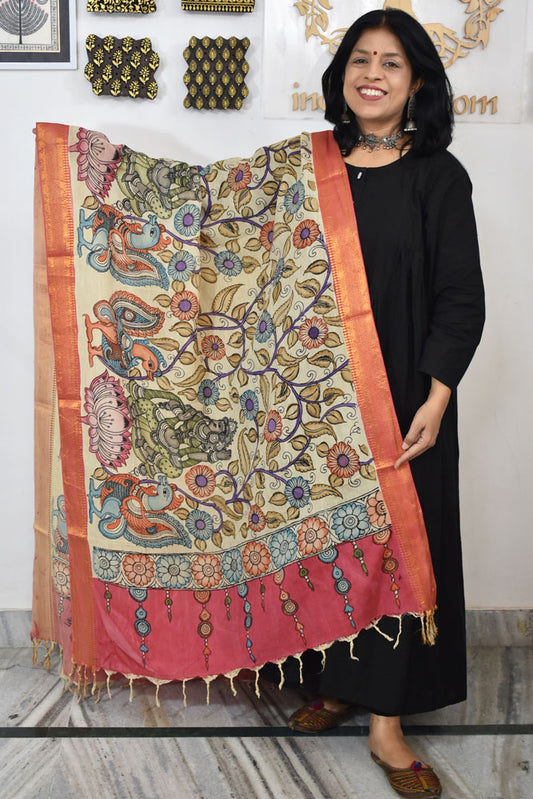 Beautiful Bangalore Cotton Silk Hand Painted Kalamkari Dupatta