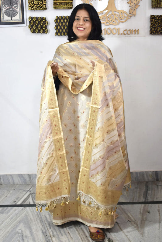 Beautiful Banarasi Katan silk unstitched suit fabric with Woven Booties