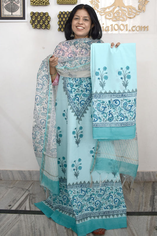 Designer Hand Block Print Cotton suit with Chanderi dupatta