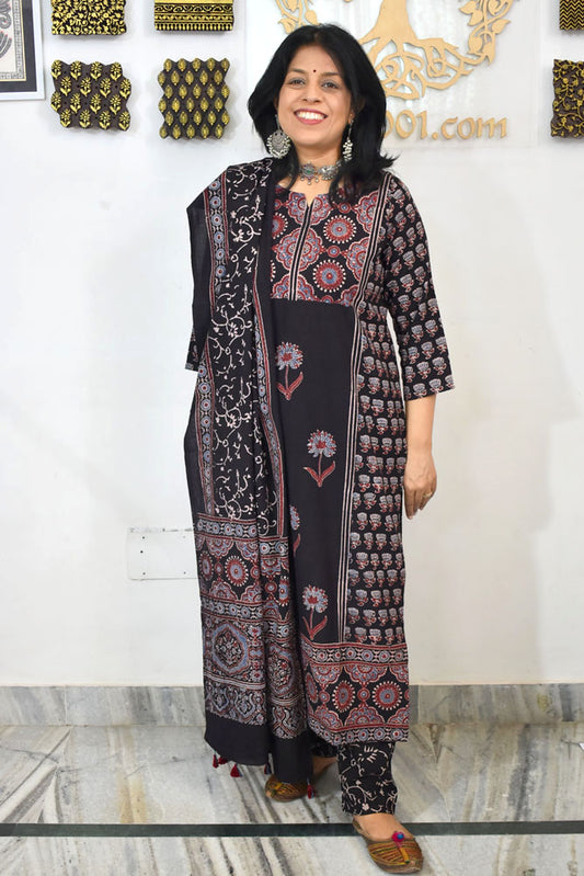 Designer Hand Block print Ajrakh Cotton suit with Full width Cotton Dupatta  - Size 38 to 46
