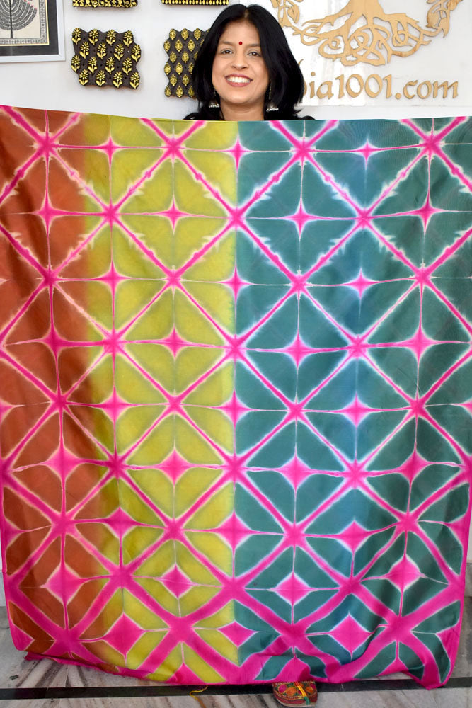 Stunning Hand Crafted Clamp Dyed Chanderi Kurta & cotton pant Unstitched sets