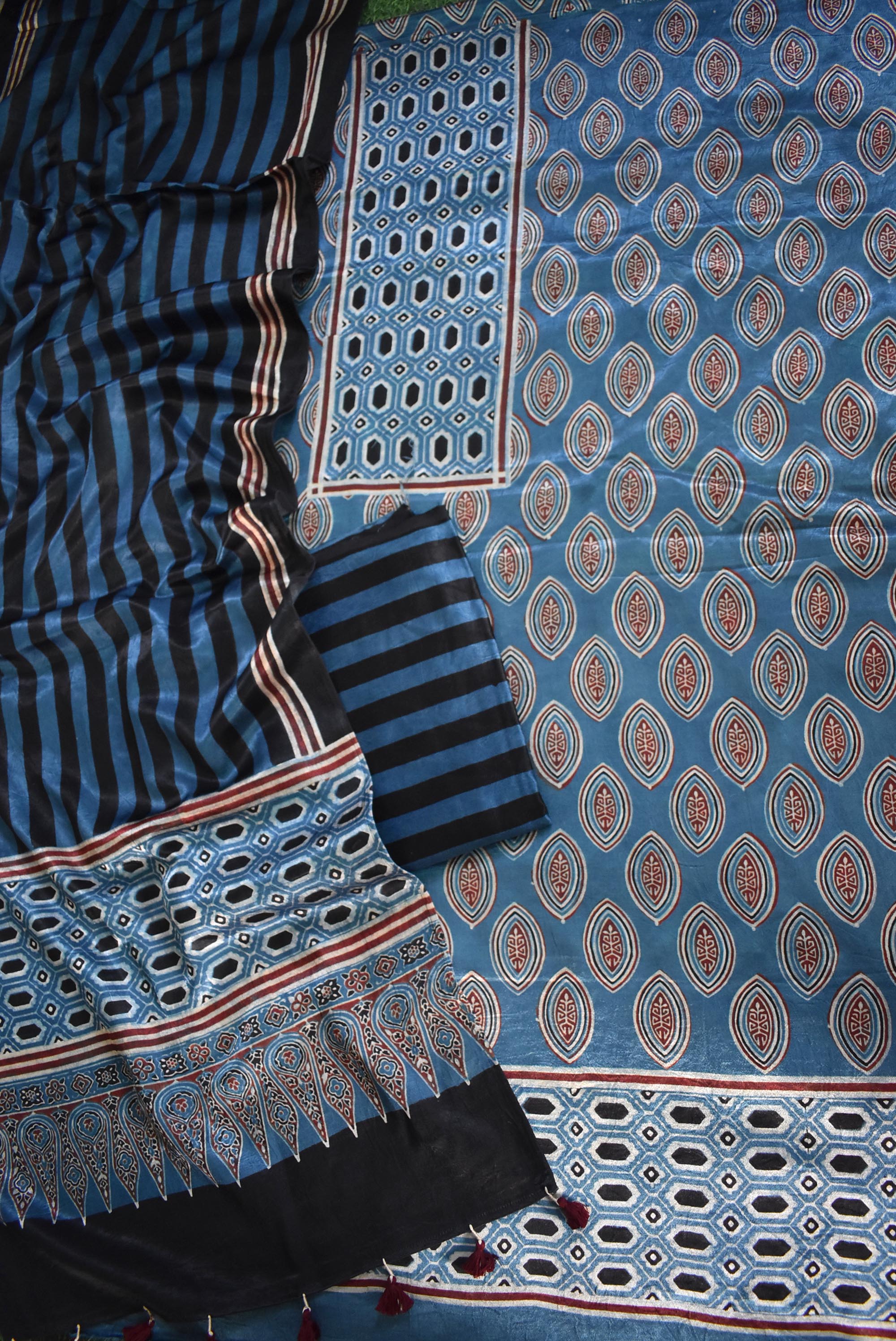 Blue Hand Dyed Ajrakh Jacket and Gown Set