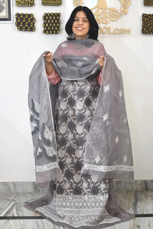 Elegant Lucknowi Chikankari Hand Embroidery work Kurta Fabric and dupatta set - 2 pc set