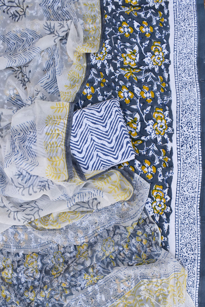 Hand Block Printed Cotton unstitched suit fabric with Chiffon dupatta