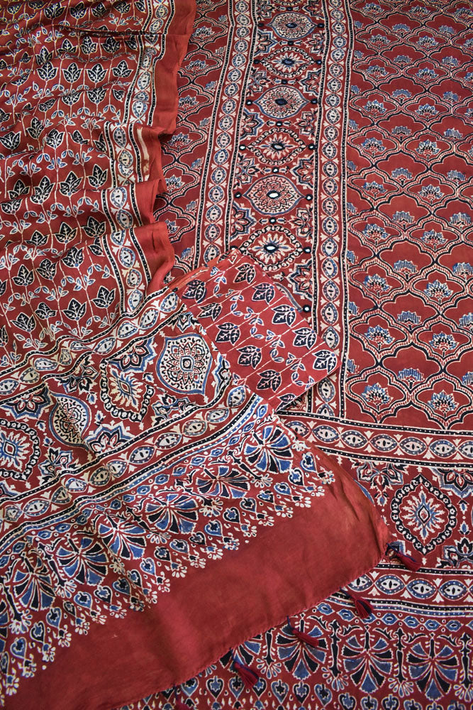 Designer Ajrakh Modal Silk Unstitched suit with  panel design, Mirror work & Ajrakh Dupatta - 3 piece set