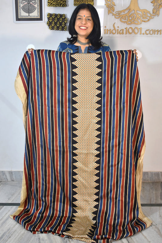 Beautiful Modal Silk Ajrakh Hand Block Print Fabric - 3 mtrs cut