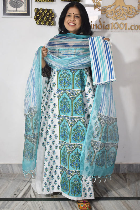 Designer Hand Block Print Cotton suit with Kota dupatta