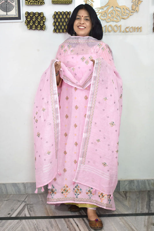 Beautiful Pure Linen suit with intricate embroidery on the kurta & dupatta and cotton silk bottom