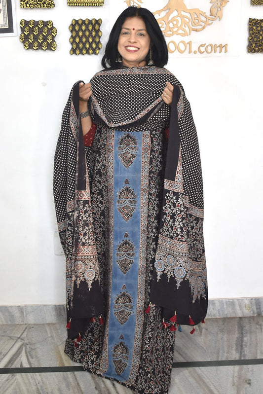 Designer Ajrakh Cotton Unstitched suit with  panel design, Ajrakh Dupatta & Bottom- 3 piece set