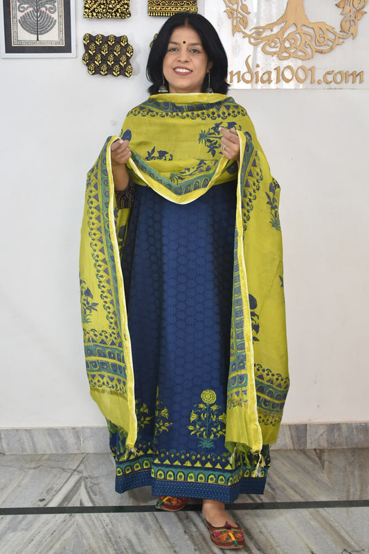 Elegant Hand Block print cotton suit with Schiffli work & Chanderi dupatta