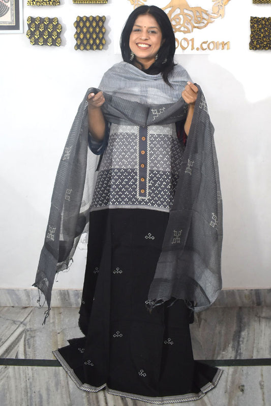 Beautiful Hand Block Printed Cotton Unstitched Suit Fabric  & Kota Silk dupatta With Cotton bottom