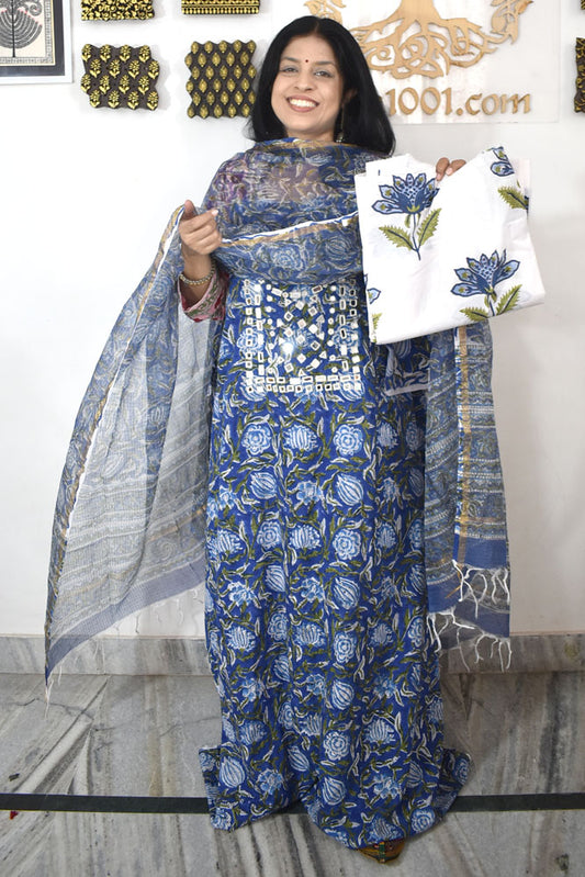 Beautiful Hand Block Printed Cotton unstitched suit  with Kutch mirror work & kota dupatta