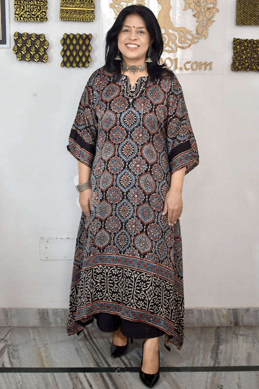 Beautiful Hand Block Printed Ajrakh Modal Silk Kurta, Size 40 to 46