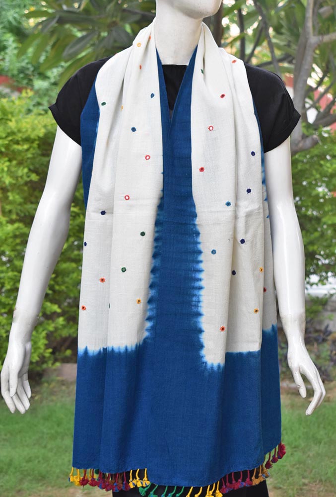 Hand woven Kutch Merino Wool Stole with Mirror work and tassels