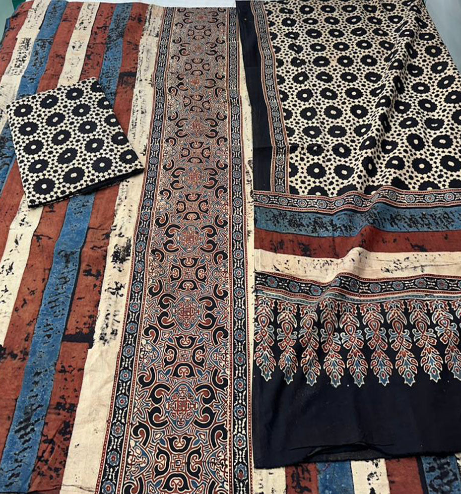 Hand Block Print Ajrakh Cotton Suit with designer brush paint & Ajrakh panel design