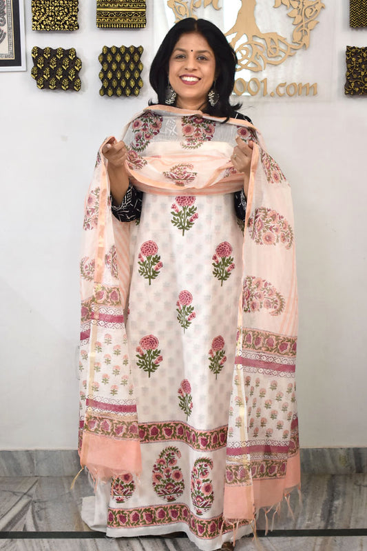 Designer Hand Block Placement Print Cotton suit with Chanderi dupatta and panel design