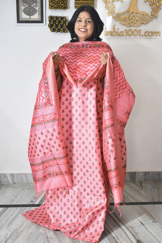 Elegant Hand Block printed Moonga Tussar Silk Kurta Dupatta Set
