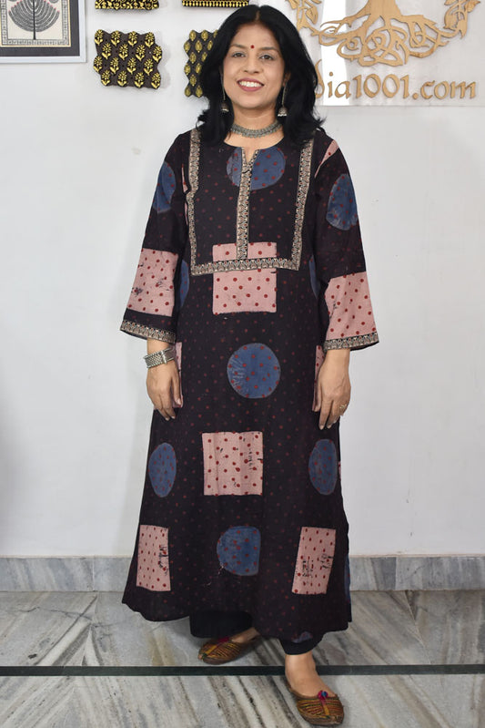 Designer Hand Block Printed Ajrakh cotton Kurta / Dress - Size 38 to 46 ( all sizes)