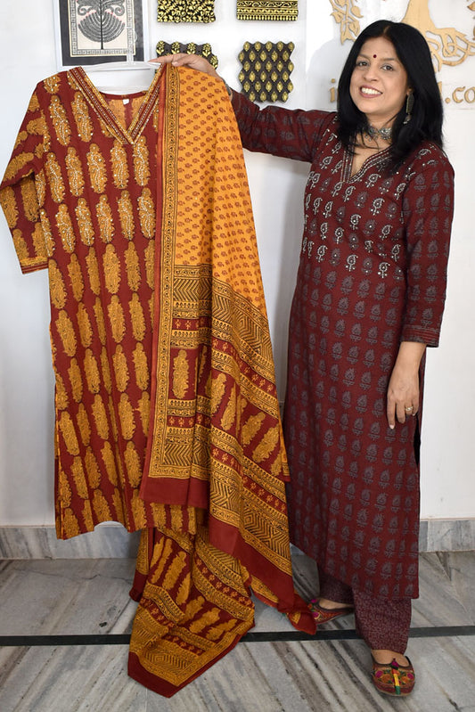 Bagh Hand Block Printed stitched 3 pc Cotton suit With Hand Embroidery - 42 size