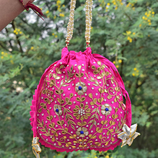 HAND GOTA PATTI & DABKA WORK SILK BLEND POTLI BAG FOR GIVEAWAYS FOR WOMEN / RETURN GIFTS & FAVOURS FOR GUESTS