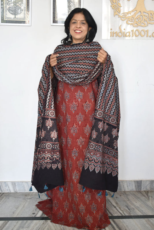 Elegant Hand Block Printed Ajrakh Cotton Unstitched suit fabric