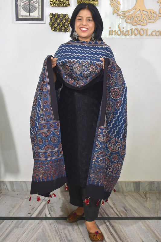 Ajrakh Hand Block Printed Cotton Dupatta with Tassels & natural dyes