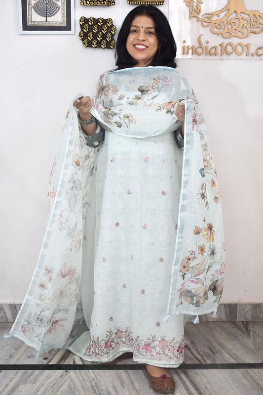 Dhairya : Beautiful Pure Linen suit with Digital print , intricate embroidery and cotton silk bottom