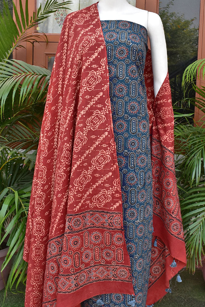 Cotton Ajrakh Dupatta with Cotton Ajrakh Unstitched Kurta Set