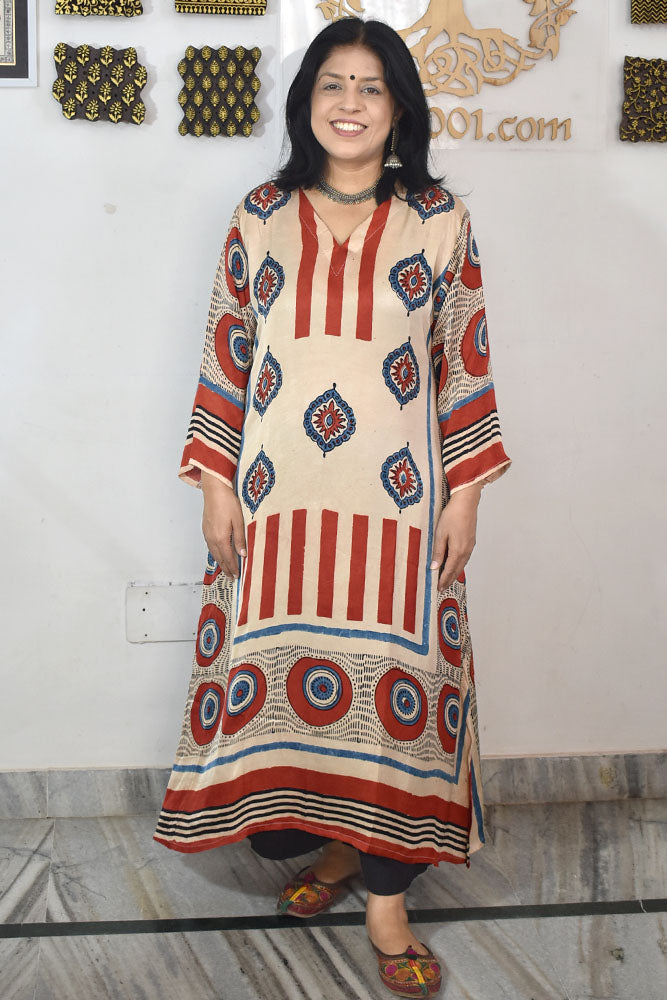 Beautiful Hand Block Printed Ajrakh Modal Silk Kurta, Size 40 to 46