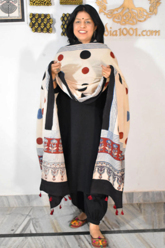 Ajrakh Hand Block Printed Cotton Dupatta with Tassels & natural dyes